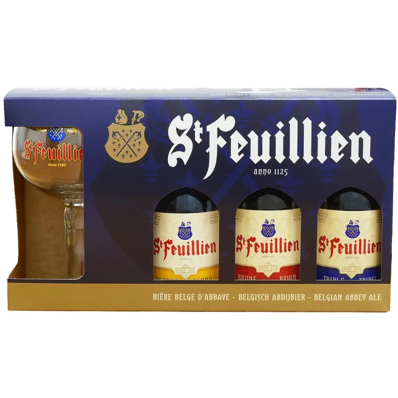 St-Feuillien blonde, brune, triple Coffret VC
3 bouteilles 33cl + 1 verre